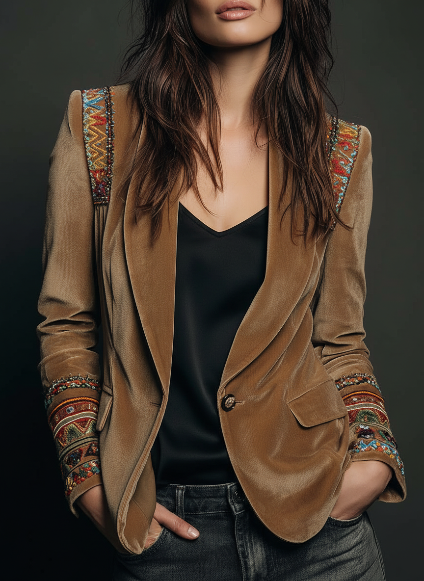 Embroidered Trim Velvet Look Single Button Blazer 2