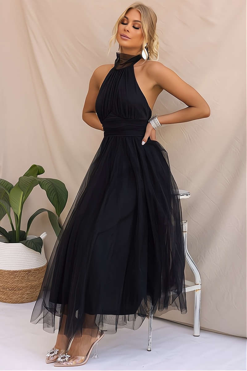 Tulle Halter Neck Bow Back Ruched Waist A-Line Midi Dress - View 4