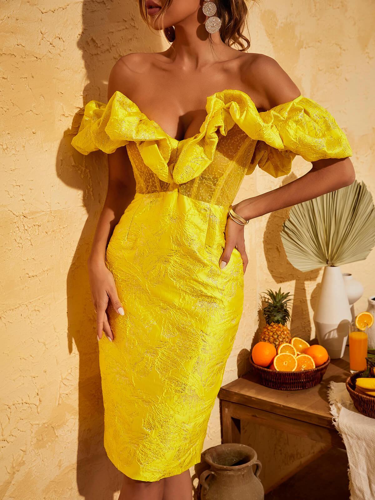 Jacquard Off Shoulder Ruffle Sweetheart Bodycon Midi Dress - View 6