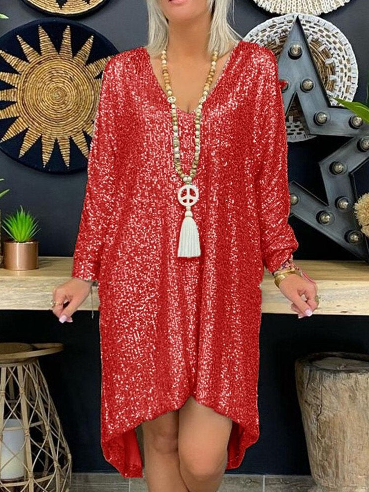 Sequin Deep V-Neck Long Sleeve Oversized Shift Mini Party Dress - View 4