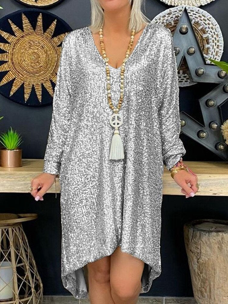 Sequin Deep V-Neck Long Sleeve Oversized Shift Mini Party Dress - View 3