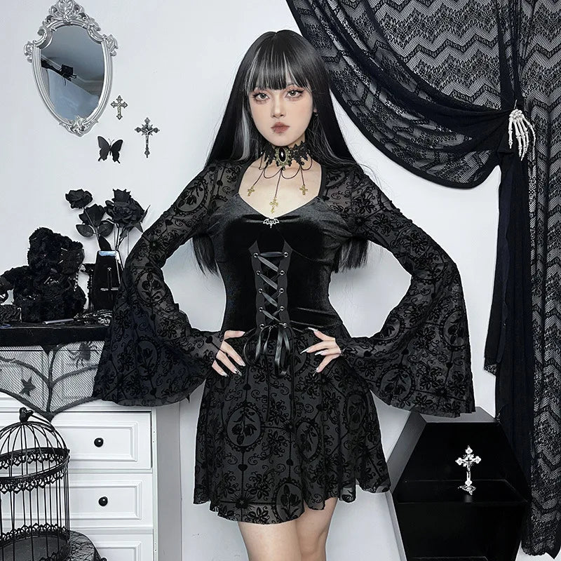 Velvet Corset Lace Up Lace Bell Sleeve A-Line Mini Dress - View 2