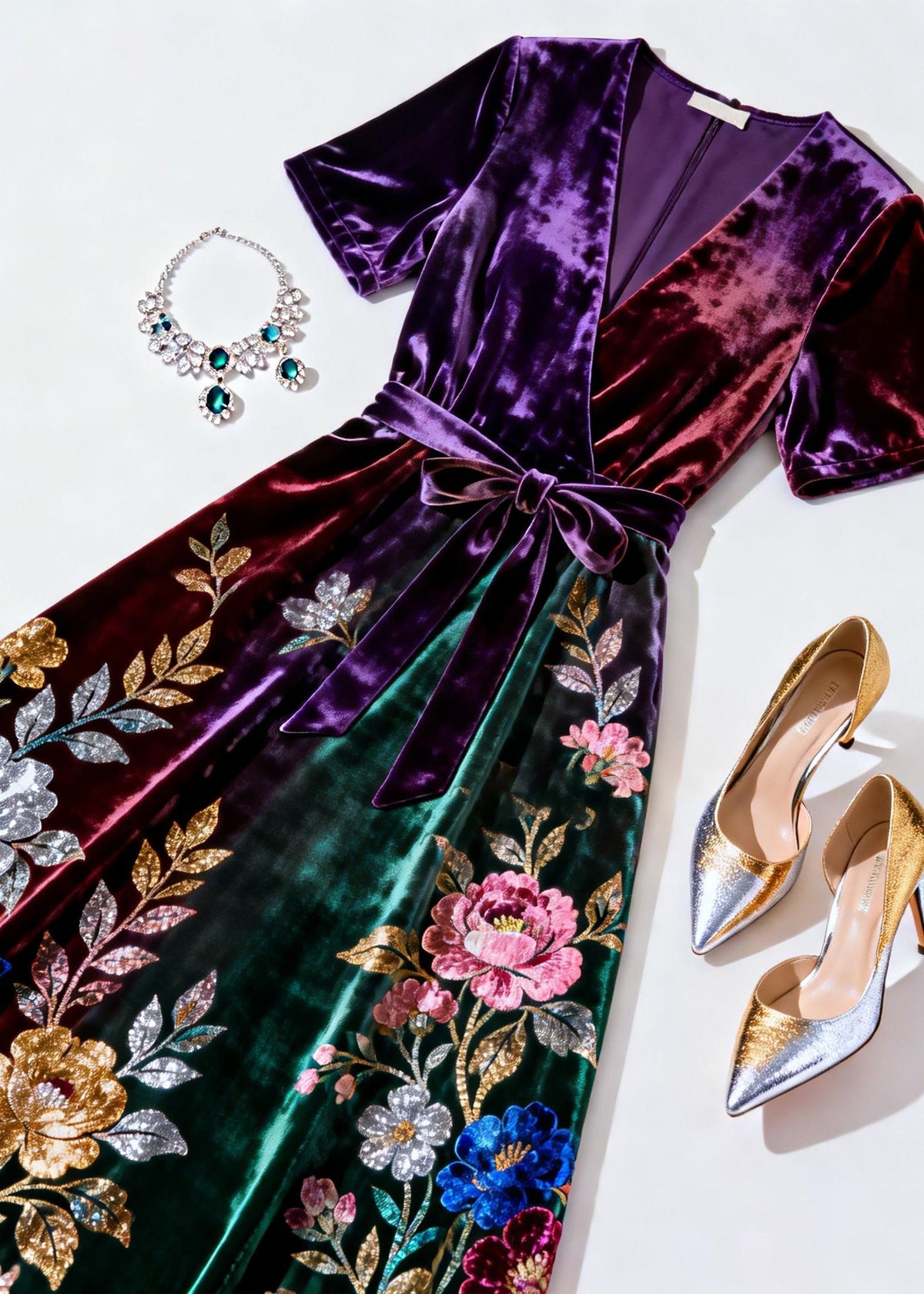Velvet Wrap V-Neck Short Sleeve Sequin Floral A-Line Midi Dress