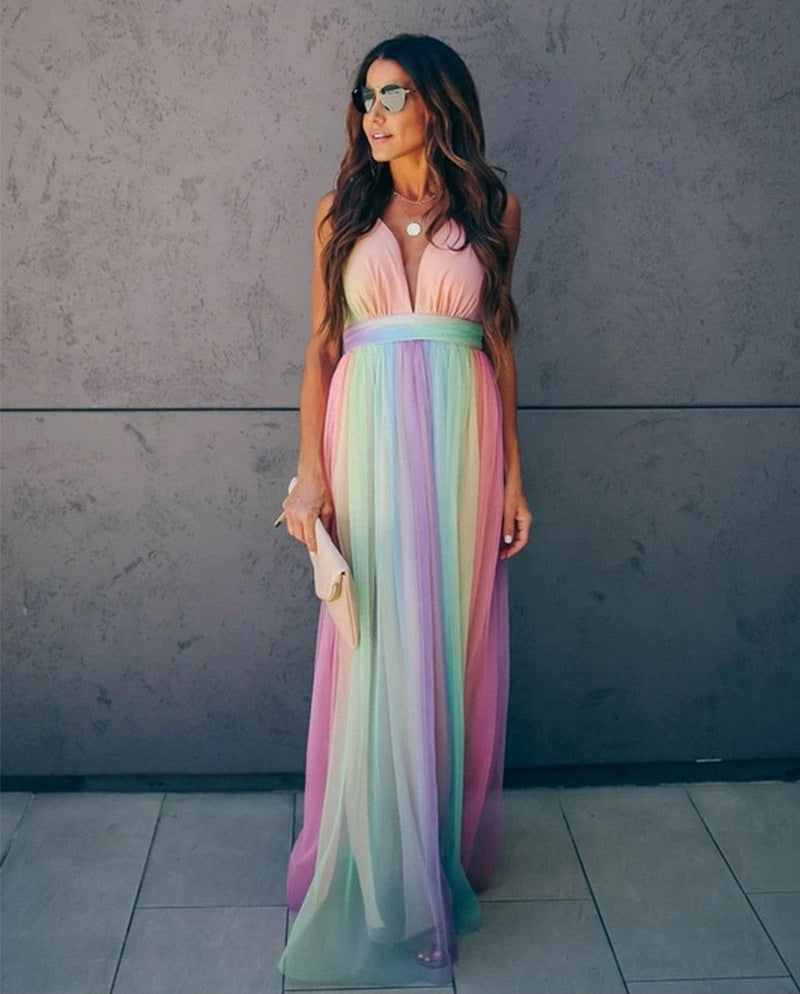 Deep V-Neck Empire Waist Sleeveless Striped Tulle Maxi Dress - View 4