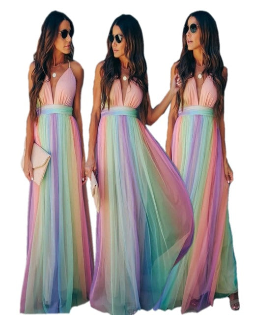 Deep V-Neck Empire Waist Sleeveless Striped Tulle Maxi Dress - View 5