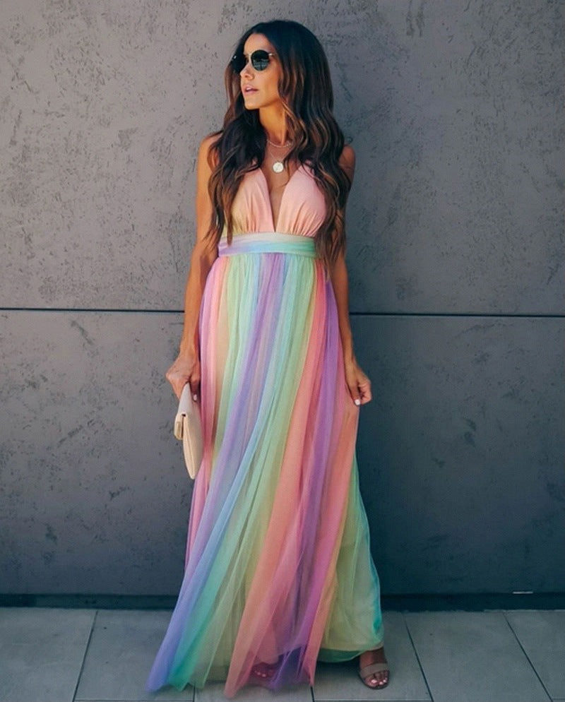 Deep V-Neck Empire Waist Sleeveless Striped Tulle Maxi Dress - View 2