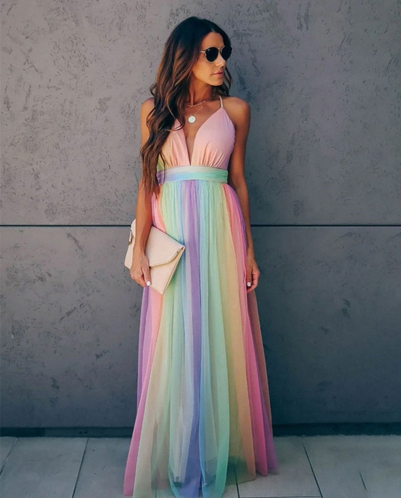 Deep V-Neck Empire Waist Sleeveless Striped Tulle Maxi Dress - View 3