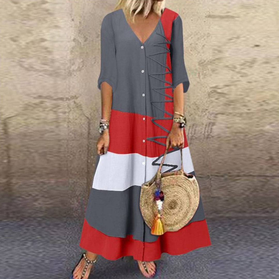 V-Neck Three Quarter Sleeve Button Front Lace Up Trim Maxi Dress - View 5