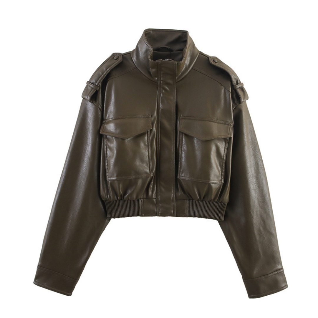 Stand Collar Zip Front Faux Leather Cropped Bomber Jacket