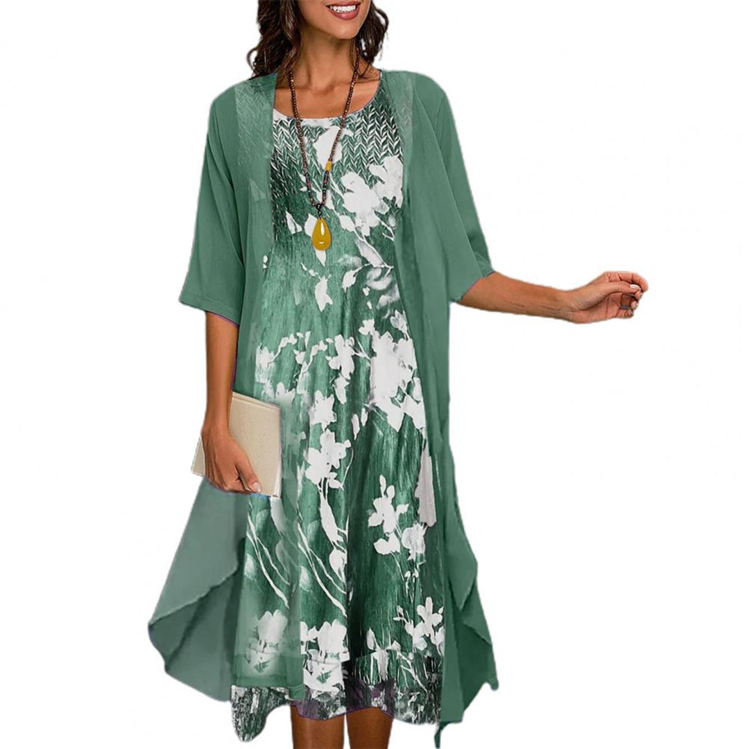 Floral Print Round Neck Midi Sheer Open Front Cardigan Set - View 2