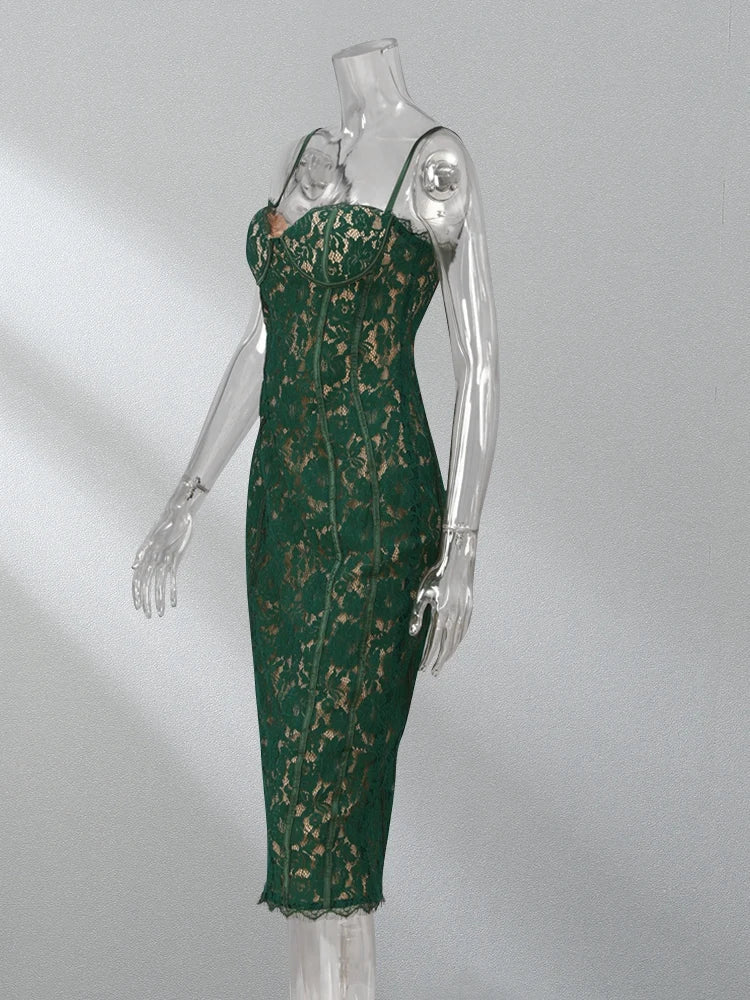 Lace Sweetheart Spaghetti Strap Corset Bodycon Midi Dress - View 5