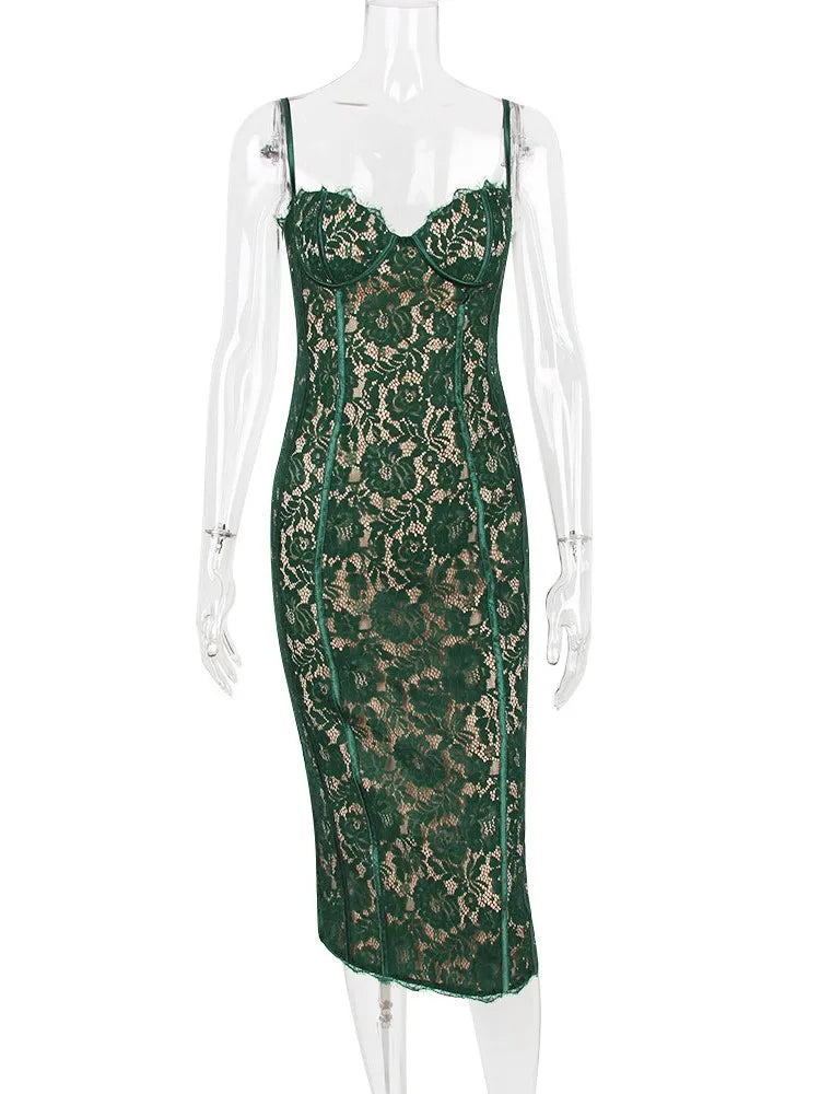 Lace Sweetheart Spaghetti Strap Corset Bodycon Midi Dress - View 6