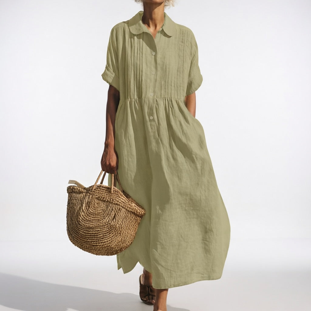Collared Button Front Pintuck Tiered Maxi Shirt Dress 10