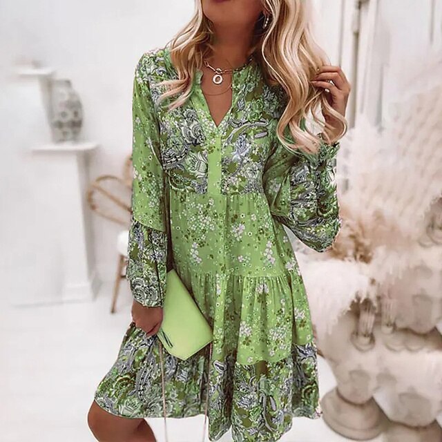 Stand Collar V-Neck Button Front Lantern Sleeve Tiered Mini Dress - View 2
