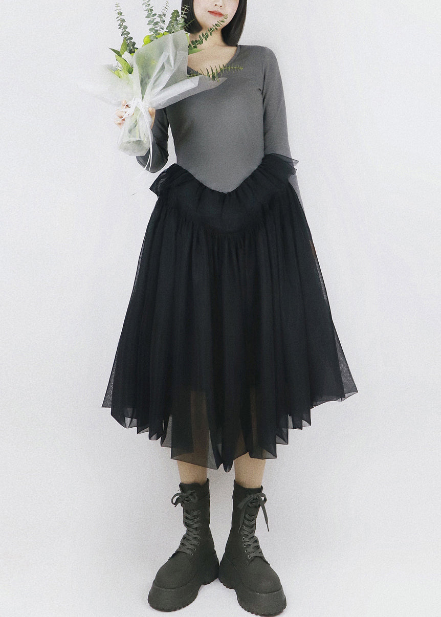 Faux Two-Piece Scoop Neck Long Sleeve Tulle Tiered Midi Dress