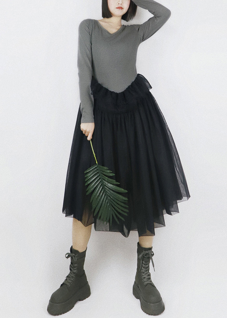 Faux Two-Piece Scoop Neck Long Sleeve Tulle Tiered Midi Dress - View 2