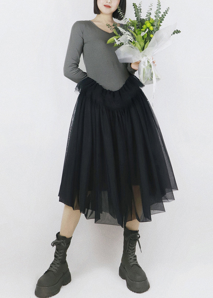 Faux Two-Piece Scoop Neck Long Sleeve Tulle Tiered Midi Dress - View 3