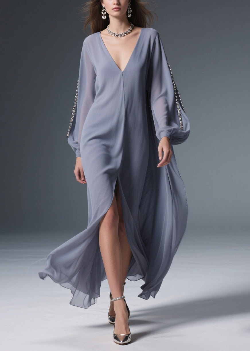 Chiffon Deep V-Neck Rhinestone Embellished Sleeve High Split Maxi Gown