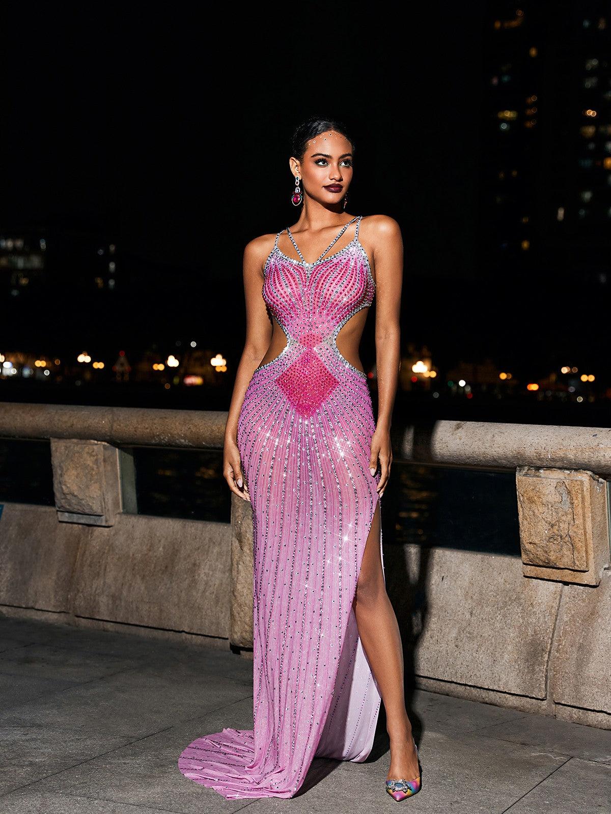 Rhinestone Deep V-Neck Crisscross Strap Cut Out Mermaid Maxi Gown - View 4