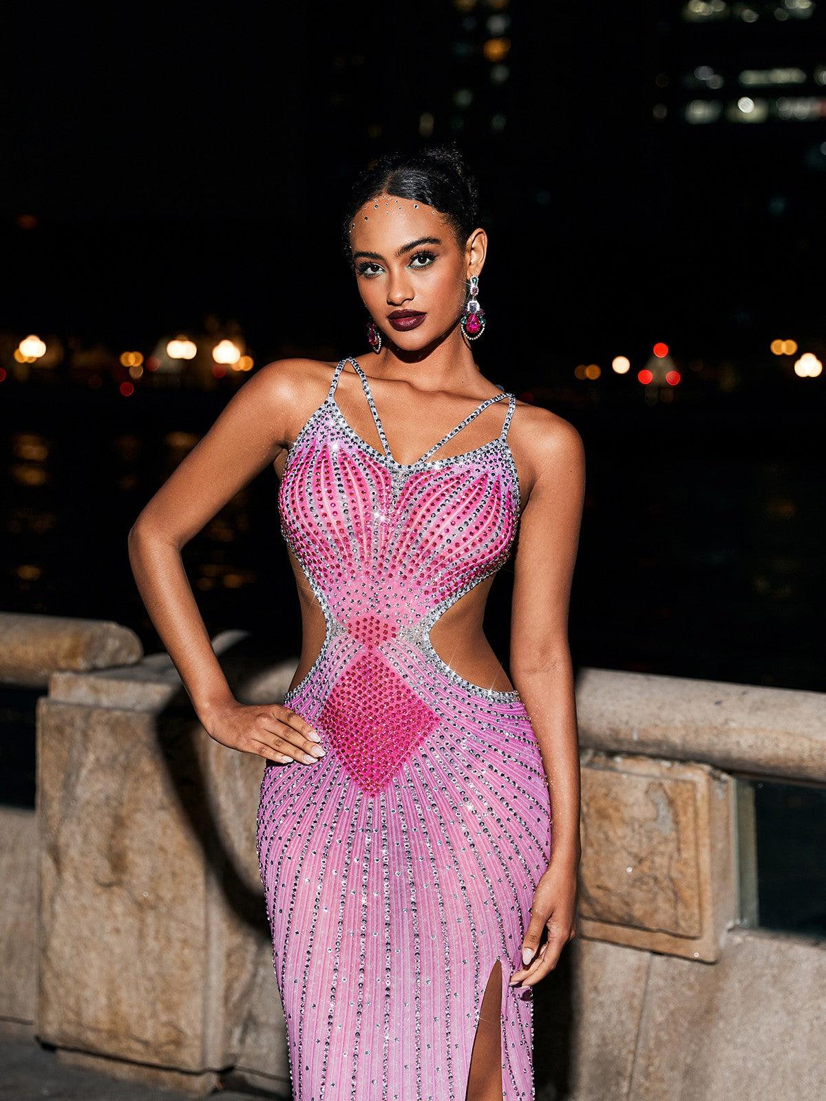 Rhinestone Deep V-Neck Crisscross Strap Cut Out Mermaid Maxi Gown - View 3