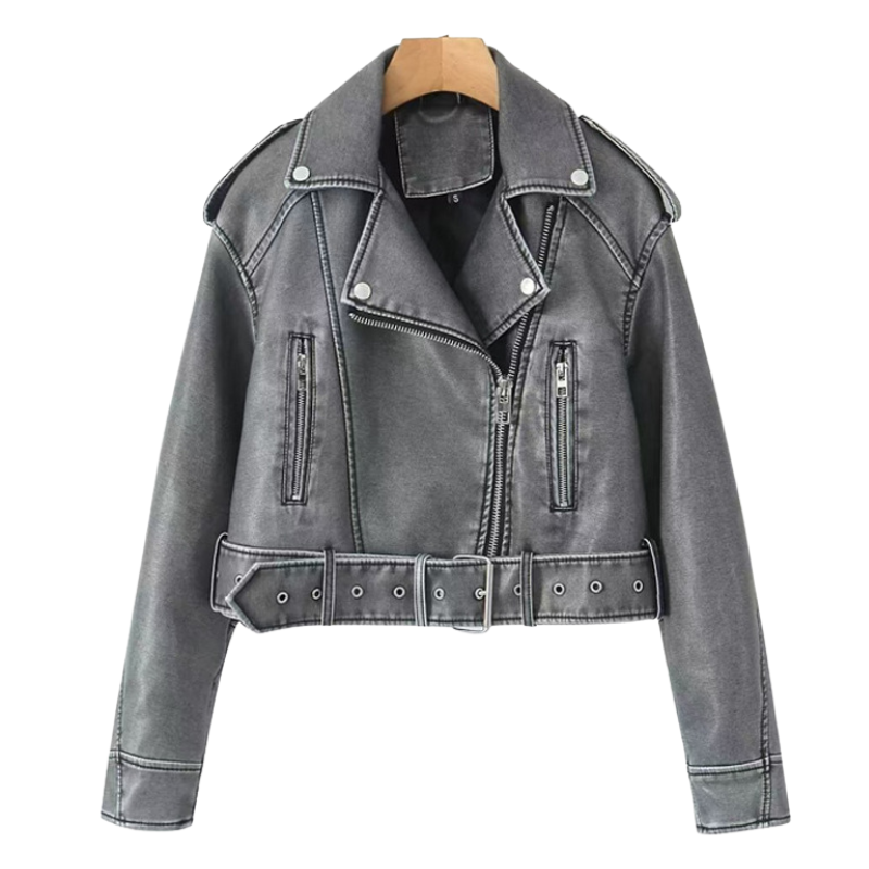 Faux Leather Lapel Belted Cropped Moto Jacket