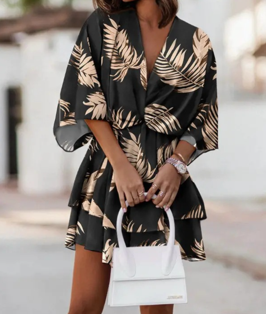Floral Print V-Neck Kimono Sleeve Twist Front Tiered Mini Dress 6