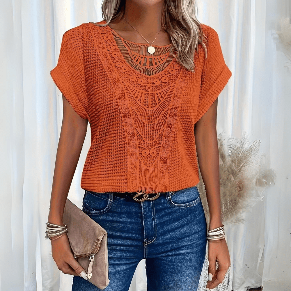 Crochet Lace Panel Short Sleeve Knit Top 10