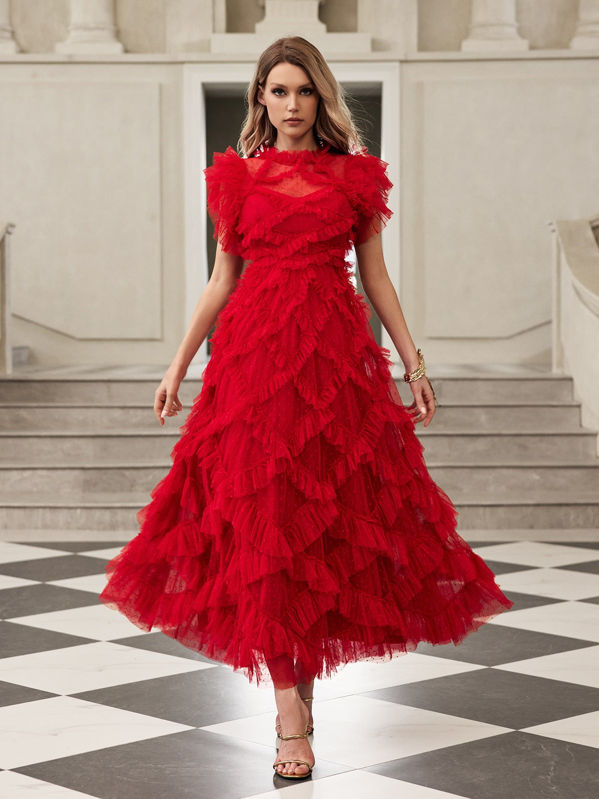 Tulle Tiered Mesh Midi Dress - View 4