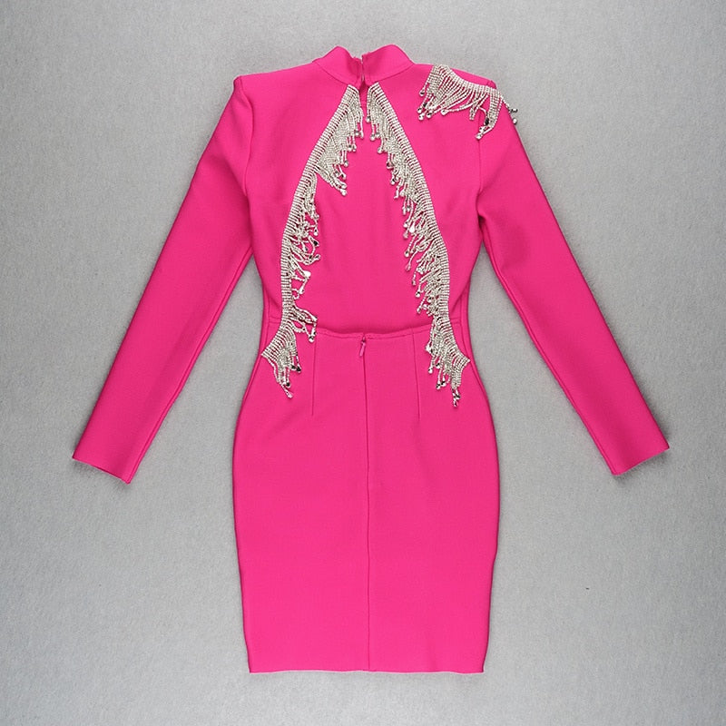 Mock Neck Long Sleeve Backless Rhinestone Fringe Bandage Mini Dress 42