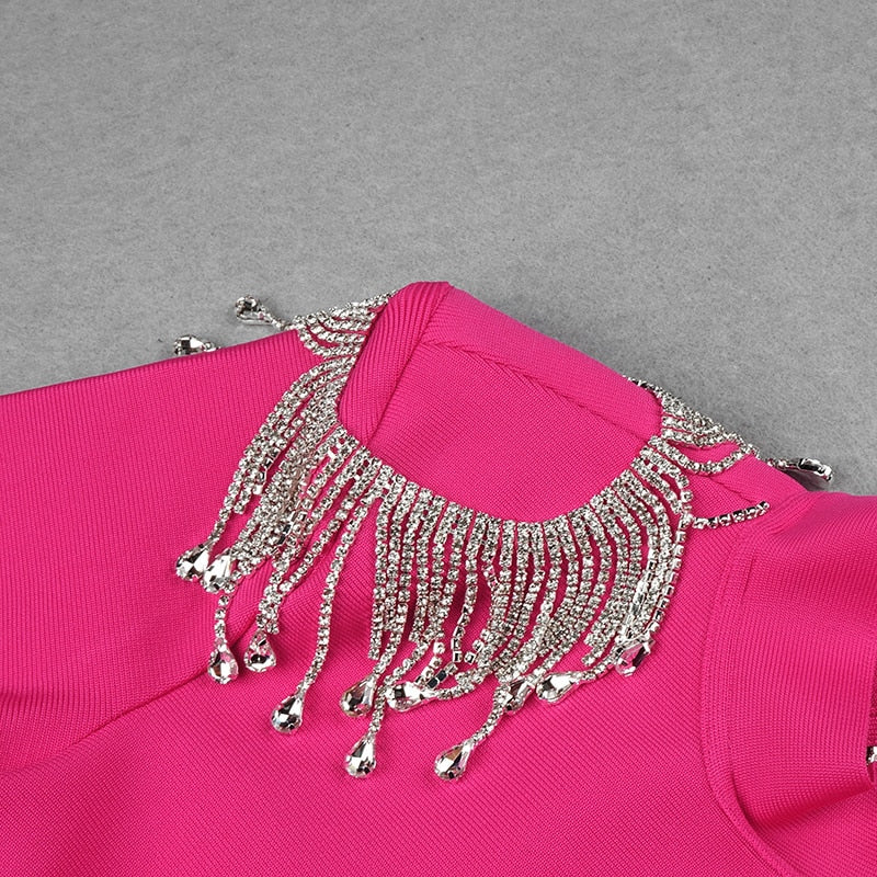 Mock Neck Long Sleeve Backless Rhinestone Fringe Bandage Mini Dress 44