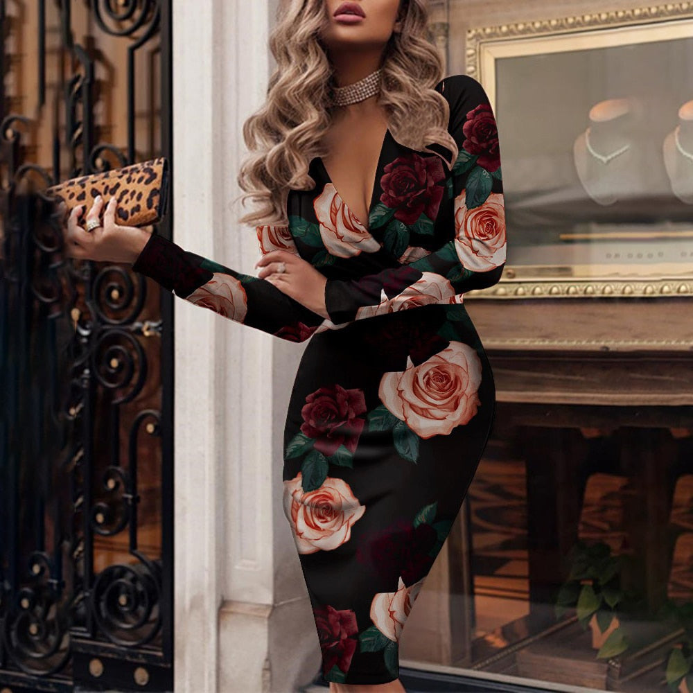 Long Sleeve Deep V-Neck Wrap Bodycon Cocktail Midi Dress