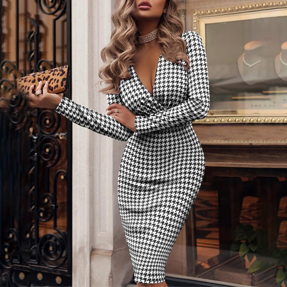 Floral Print Deep V-Neck Long Sleeve Wrap Bodycon Midi Dress in Blocks - View 2