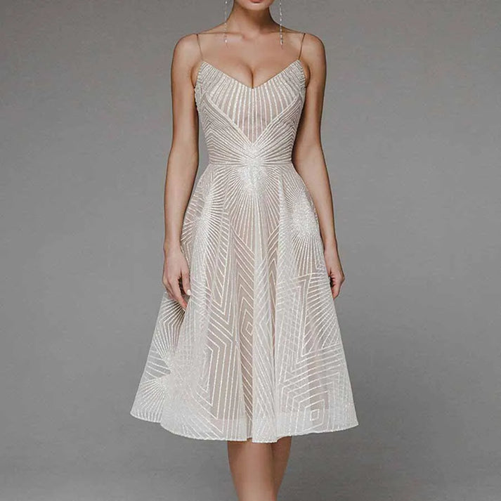 Sequin Spaghetti Strap Deep V-Neck Fit and Flare Midi Dress