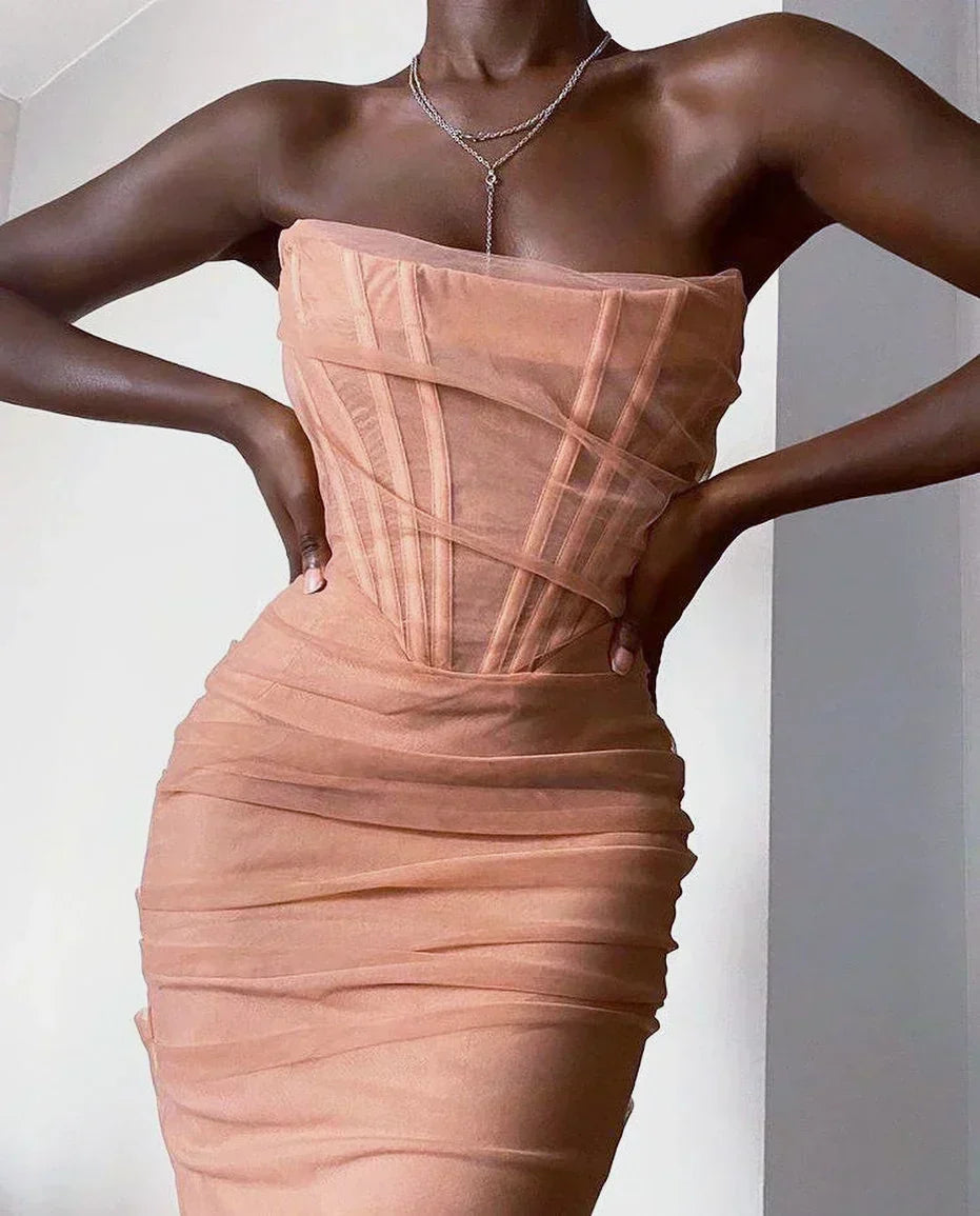 Mesh Strapless Corset Ruched Bodycon Mini Dress - View 6
