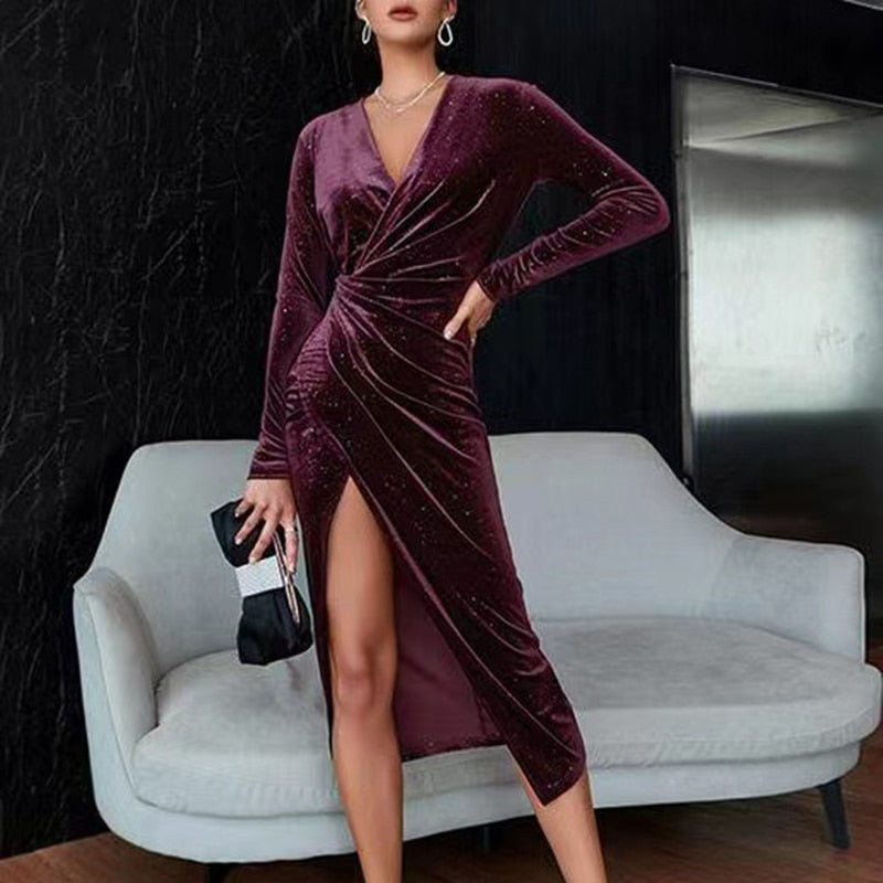 Glitter Velvet Wrap Deep V-Neck Long Sleeve Ruched Midi Dress - View 7