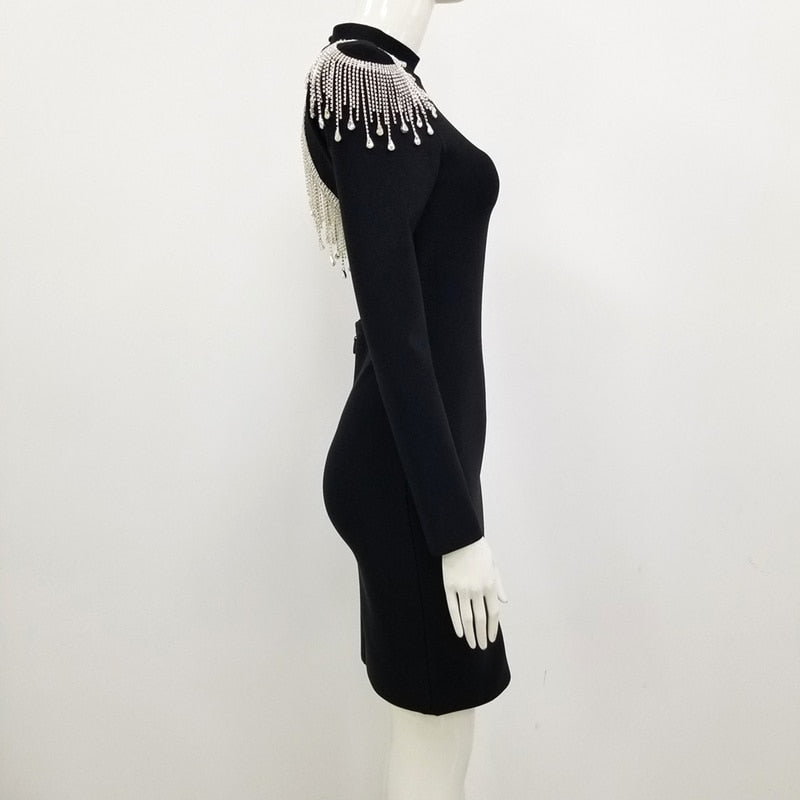 Mock Neck Long Sleeve Backless Rhinestone Fringe Bandage Mini Dress 48
