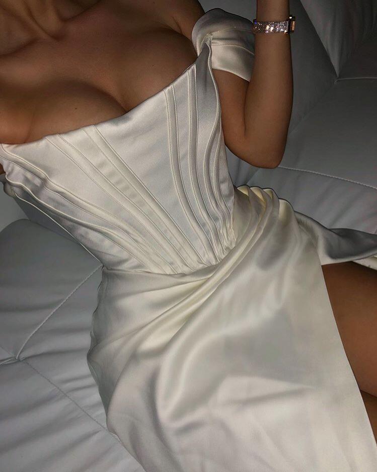 Satin Off Shoulder Sweetheart Corset High Split Bodycon Mini Dress - View 21