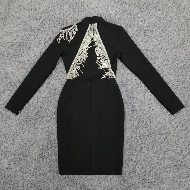 Mock Neck Long Sleeve Backless Rhinestone Fringe Bandage Mini Dress 51