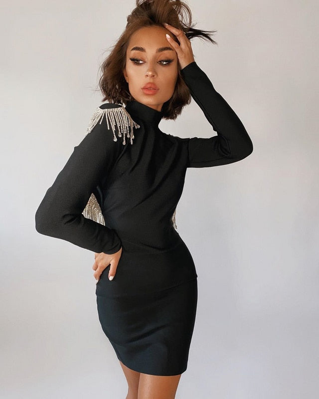 Mock Neck Long Sleeve Backless Rhinestone Fringe Bandage Mini Dress - View 22