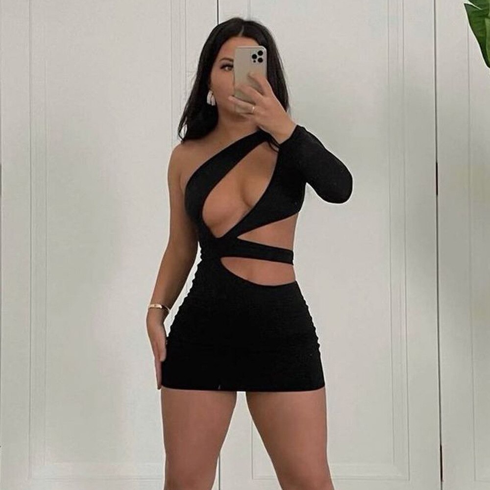 One Shoulder Long Sleeve Cut Out Bodycon Mini Dress 2