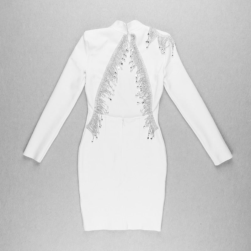 Mock Neck Long Sleeve Backless Rhinestone Fringe Bandage Mini Dress 32