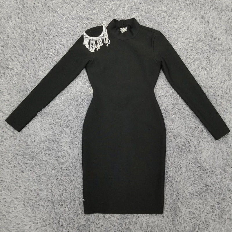 Mock Neck Long Sleeve Backless Rhinestone Fringe Bandage Mini Dress 50