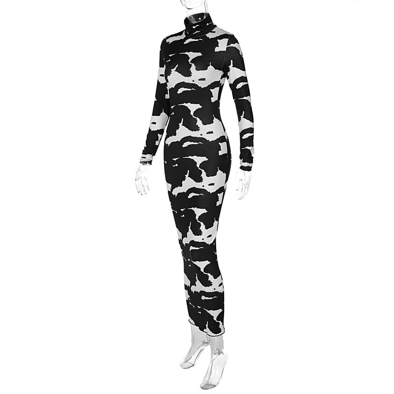 Turtleneck Long Sleeve Cow Print Bodycon Maxi Dress 5