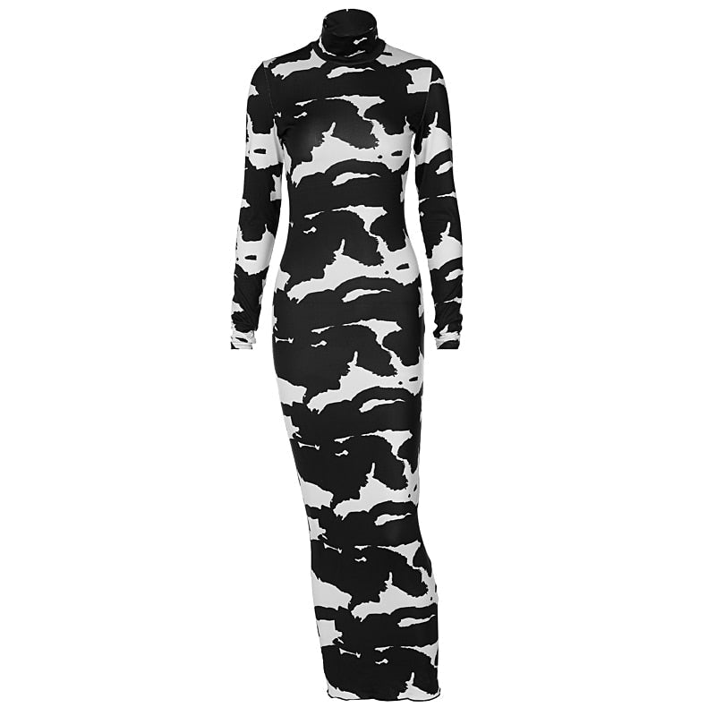 Turtleneck Long Sleeve Cow Print Bodycon Maxi Dress 4