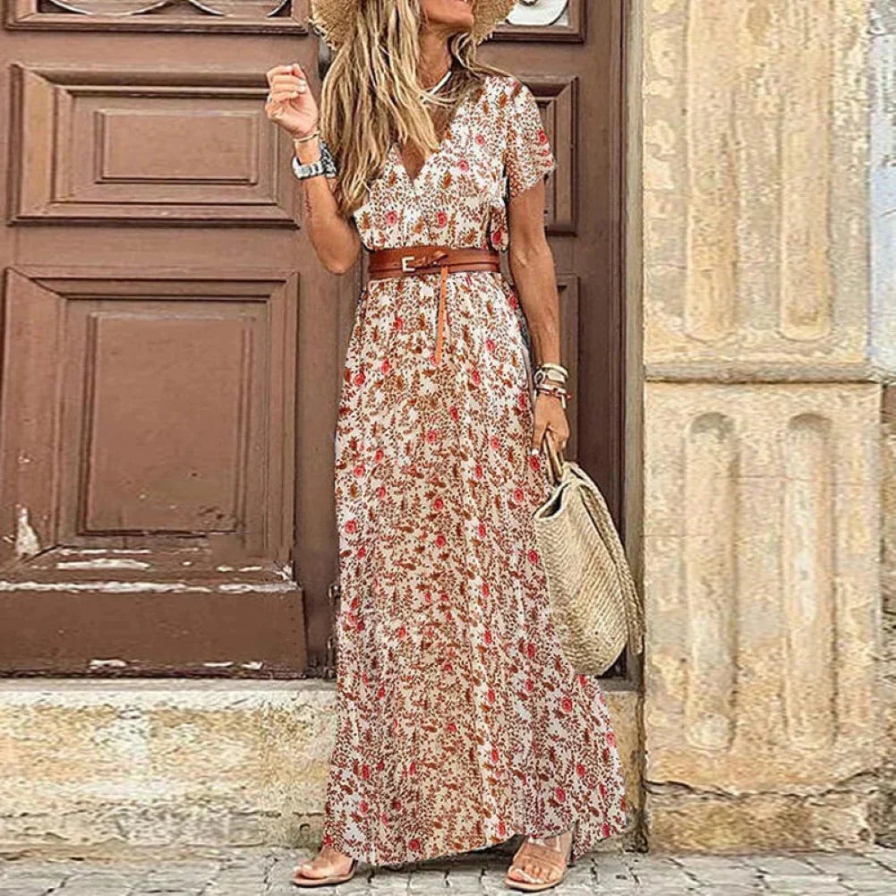 V-Neck Short Sleeve Paisley Print High Split Belted Maxi Dress - View 2