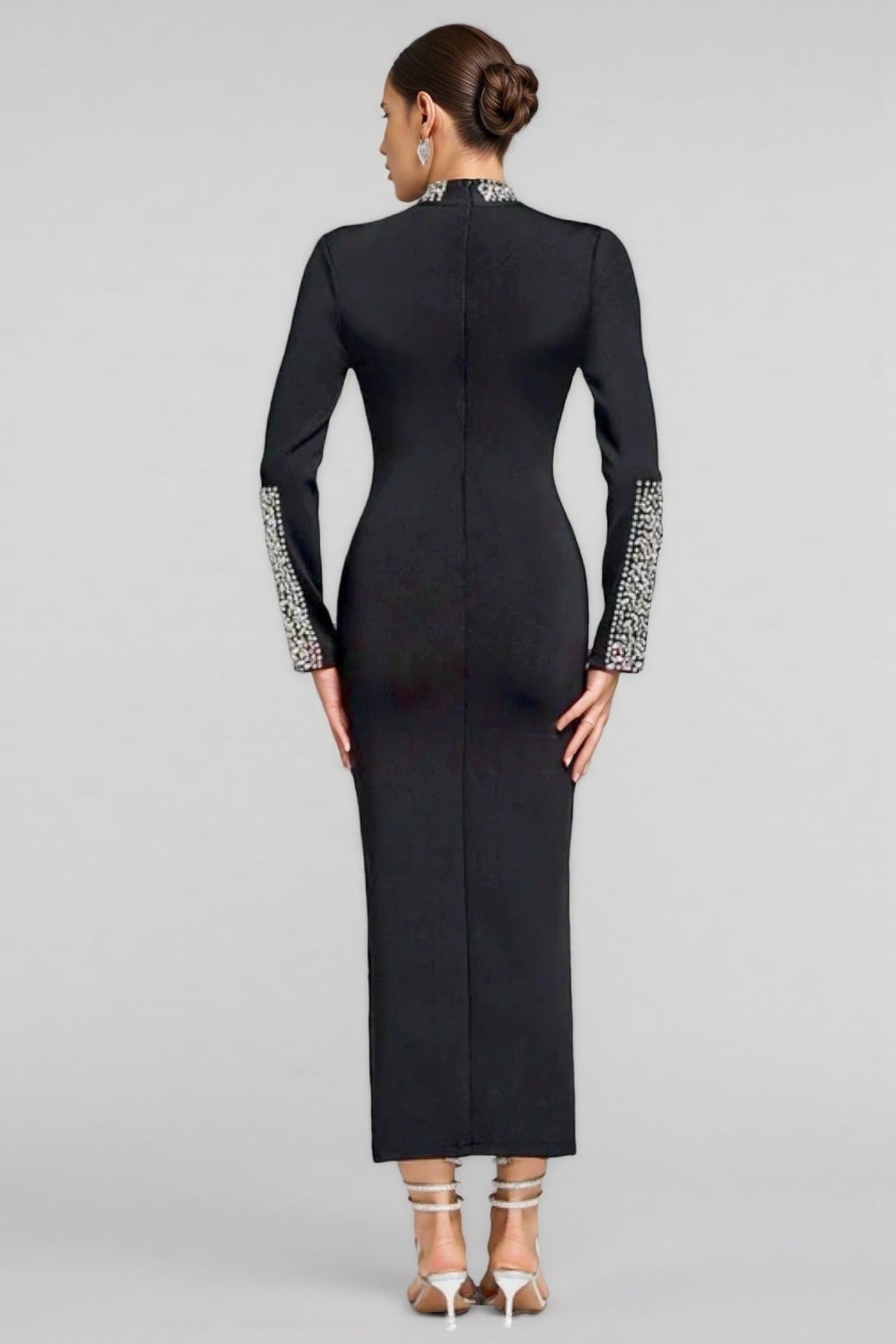 Rhinestone Mock Neck Long Sleeve High Split Bandage Maxi Dress - View 5