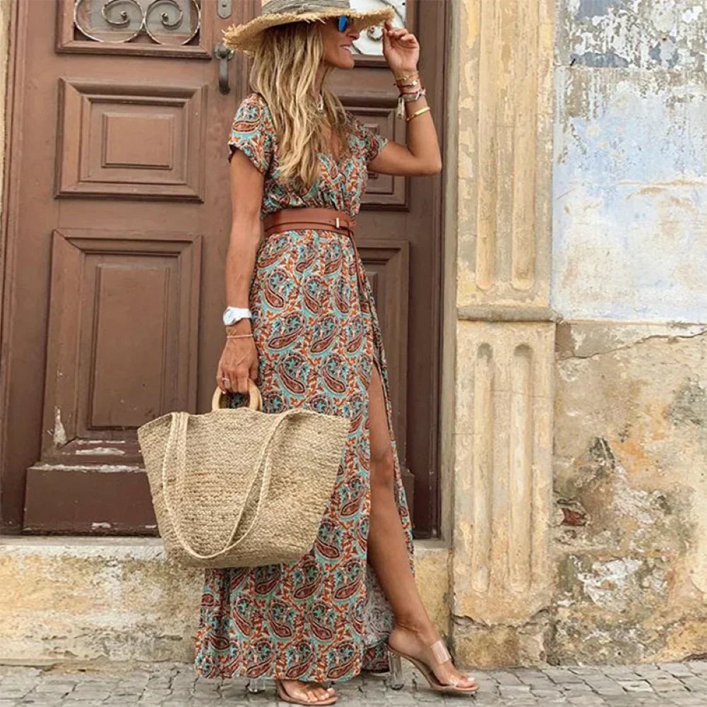 V-Neck Short Sleeve Paisley Print Belted Flowy Maxi Dress - View 6