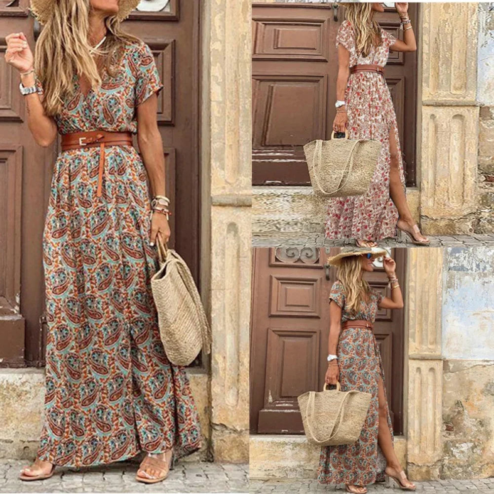 V-Neck Short Sleeve Paisley Print Belted Flowy Maxi Dress - View 4