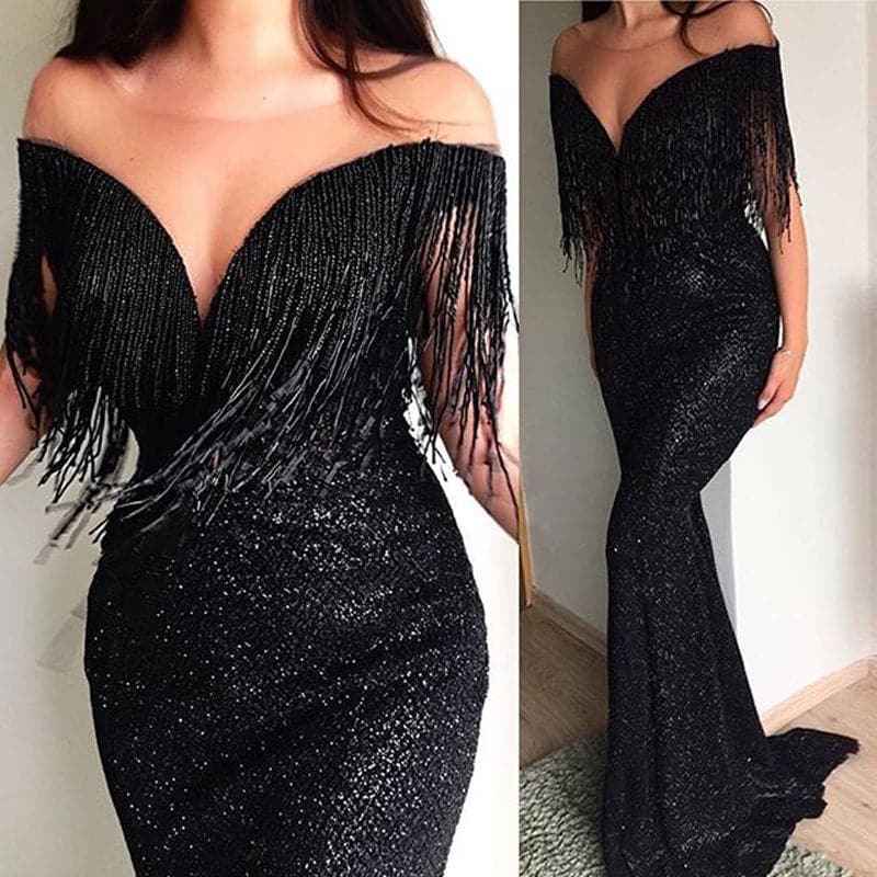 Sequin Off Shoulder Beaded Fringe Mermaid Maxi Gown - View 4