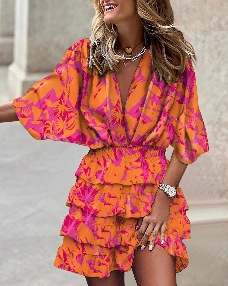 Deep V-Neck Batwing Sleeve Wrap Smocked Waist Tiered Ruffle Mini Dress - View 5